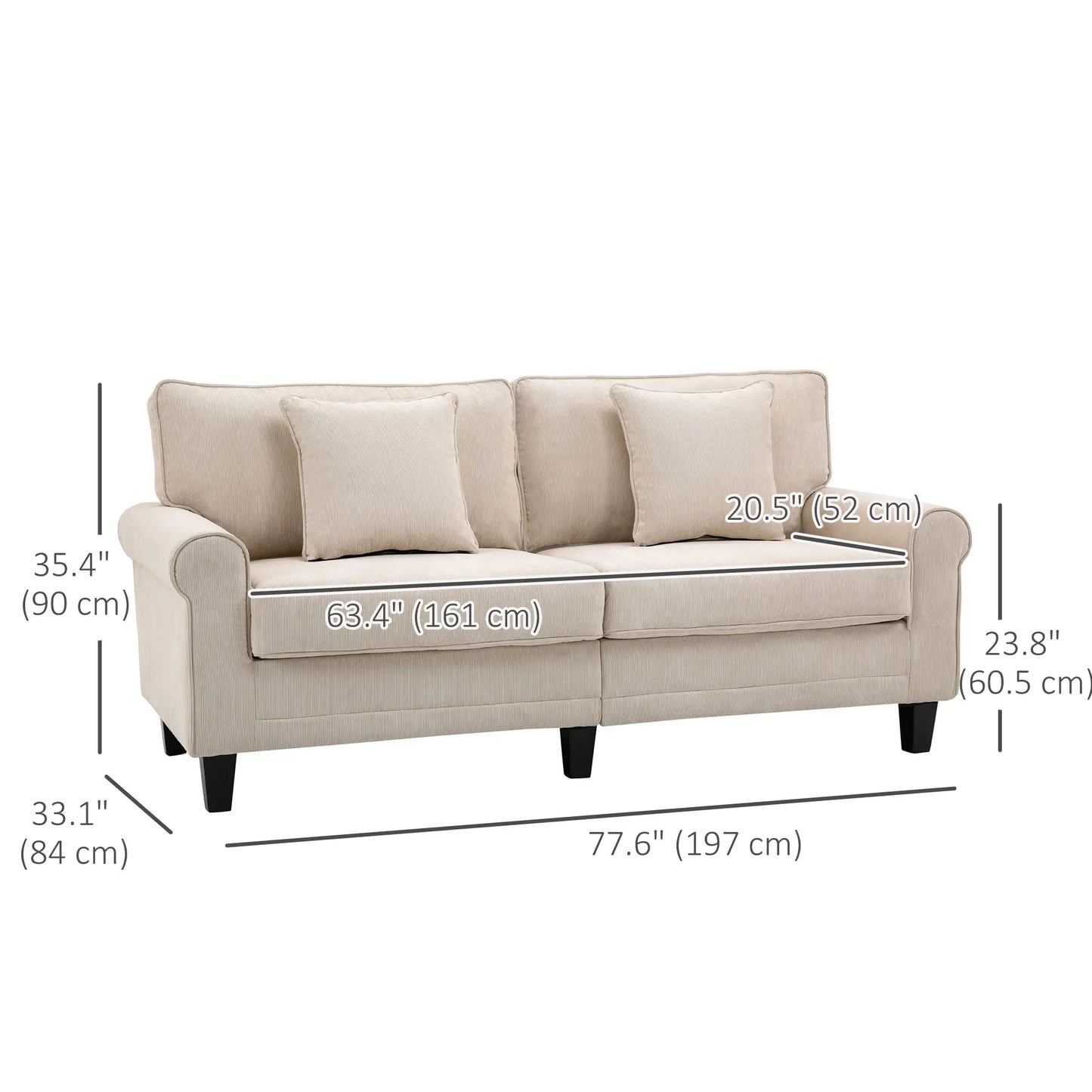 Modern 3 Seater Sofa, Corduroy Fabric, Pine Wood Legs, Beige 3-Seater Sofas at Gallery Canada