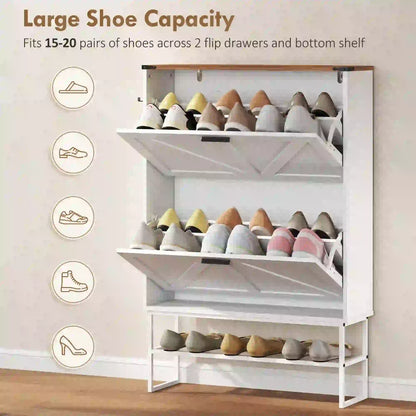 Narrow Shoe Cabinet with 2 Flip Drawers, Slim, White Wood Grain, White Shoe Storage Cabinets & Racks at Gallery Canada