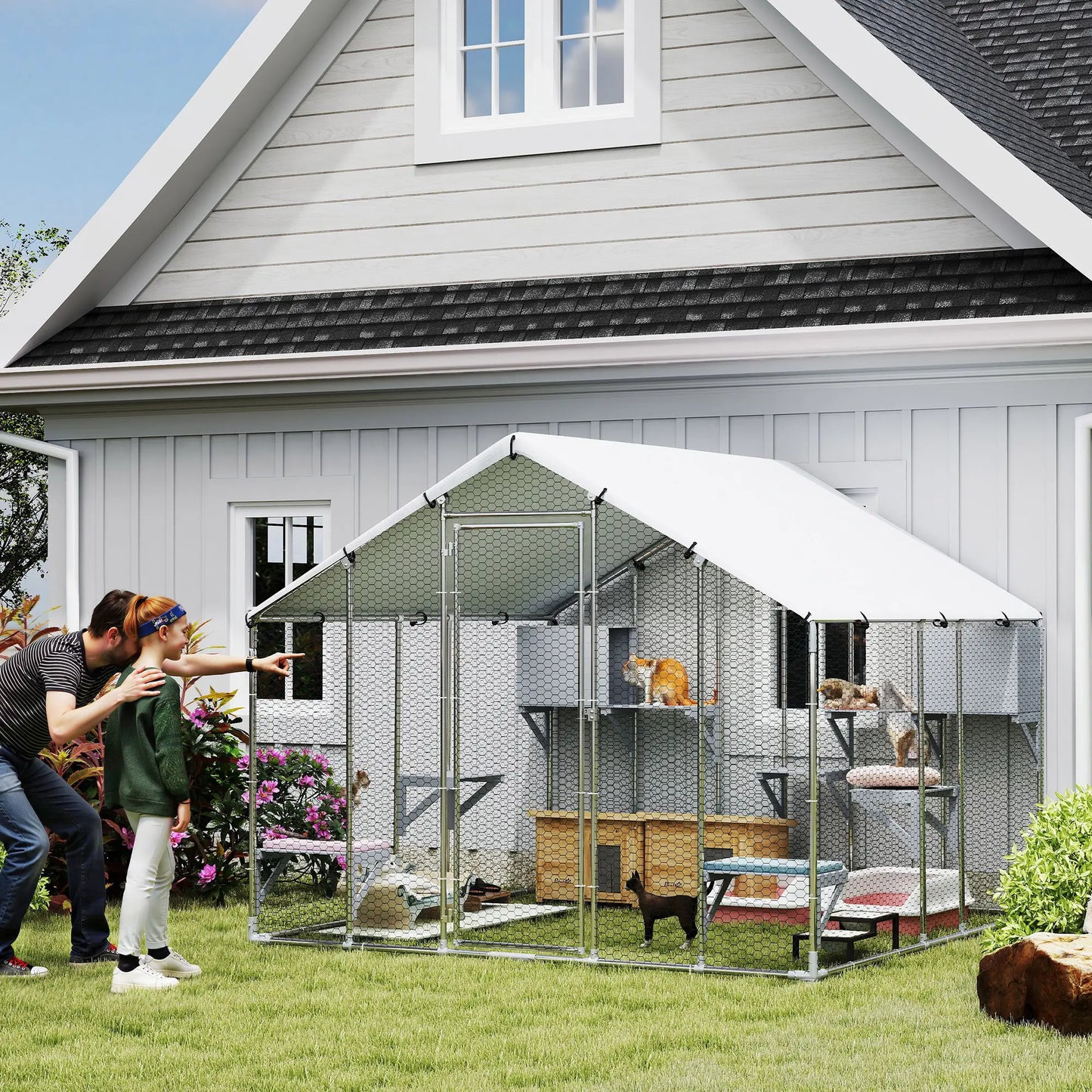 94.5" Large Metal Outdoor Catio, Waterproof Cover, 2 Resting Boxes, 7 Platforms Outdoor Cat Enclosures at Gallery Canada