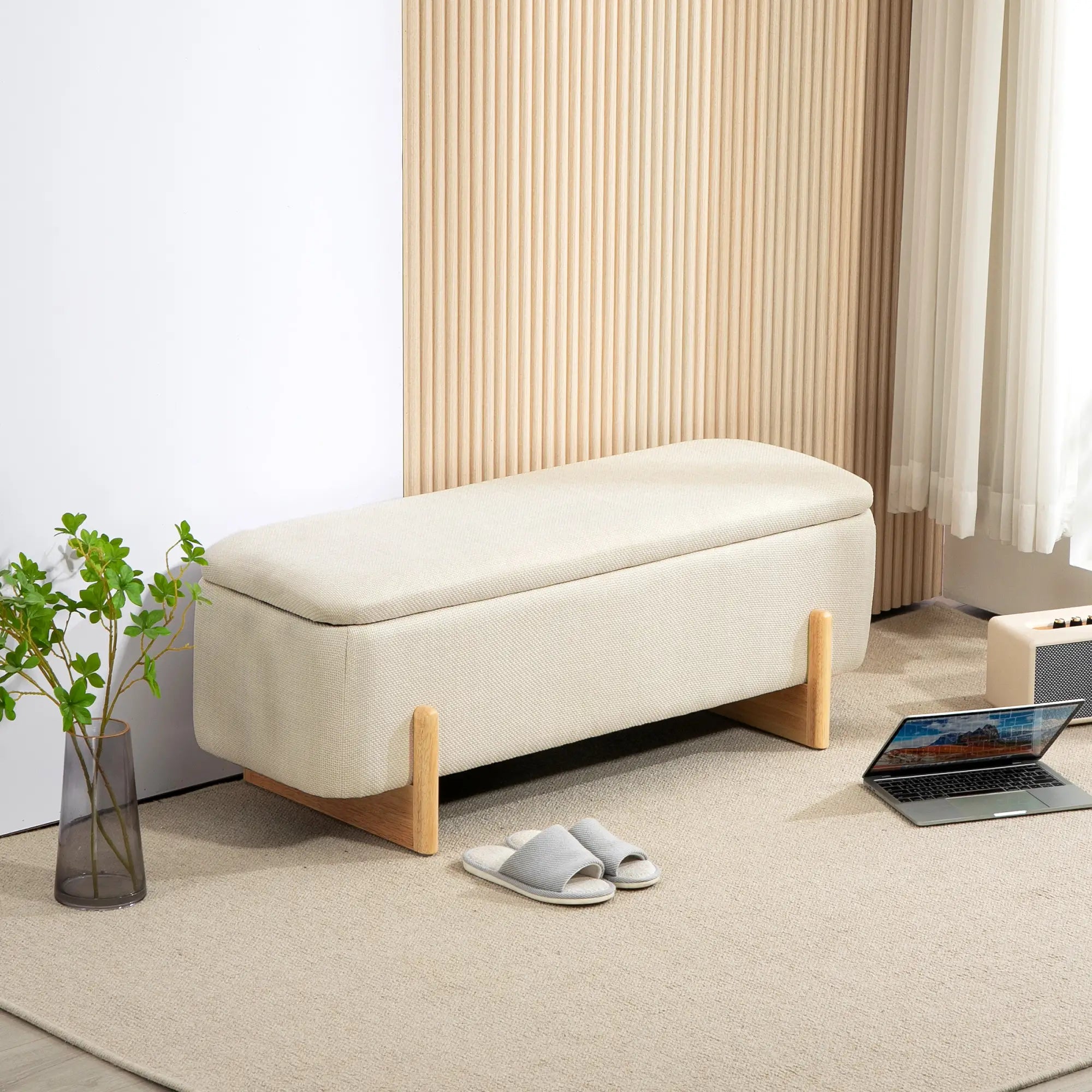 Linen-Look Storage Ottoman Bench, Cream White, Cream White Storage Ottomans & Benches at Gallery Canada