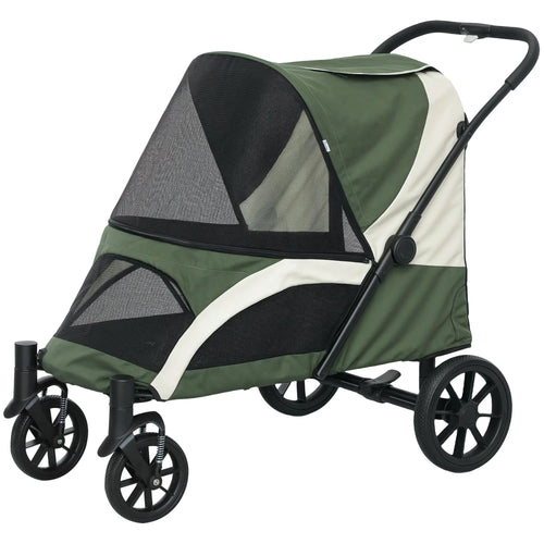 Foldable Pet Stroller, Large Dogs, Four Big Wheels, Dark Green