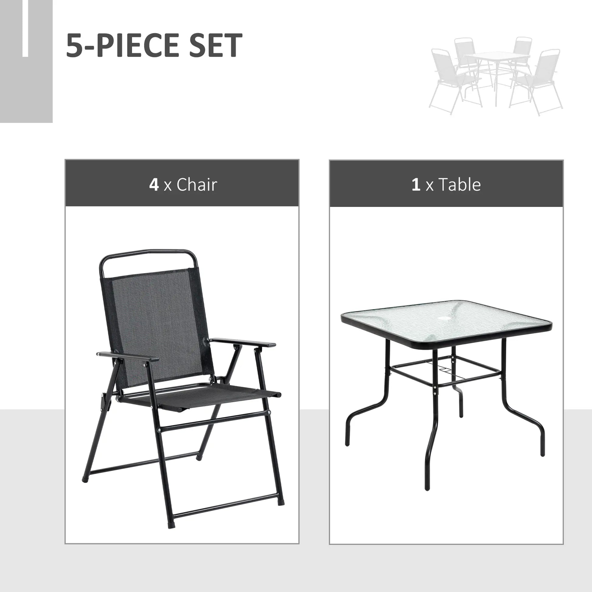 5-Piece Patio Dining Set, 4 Folding Chairs, Glass Tabletop, Black Outdoor Dining Sets at Gallery Canada