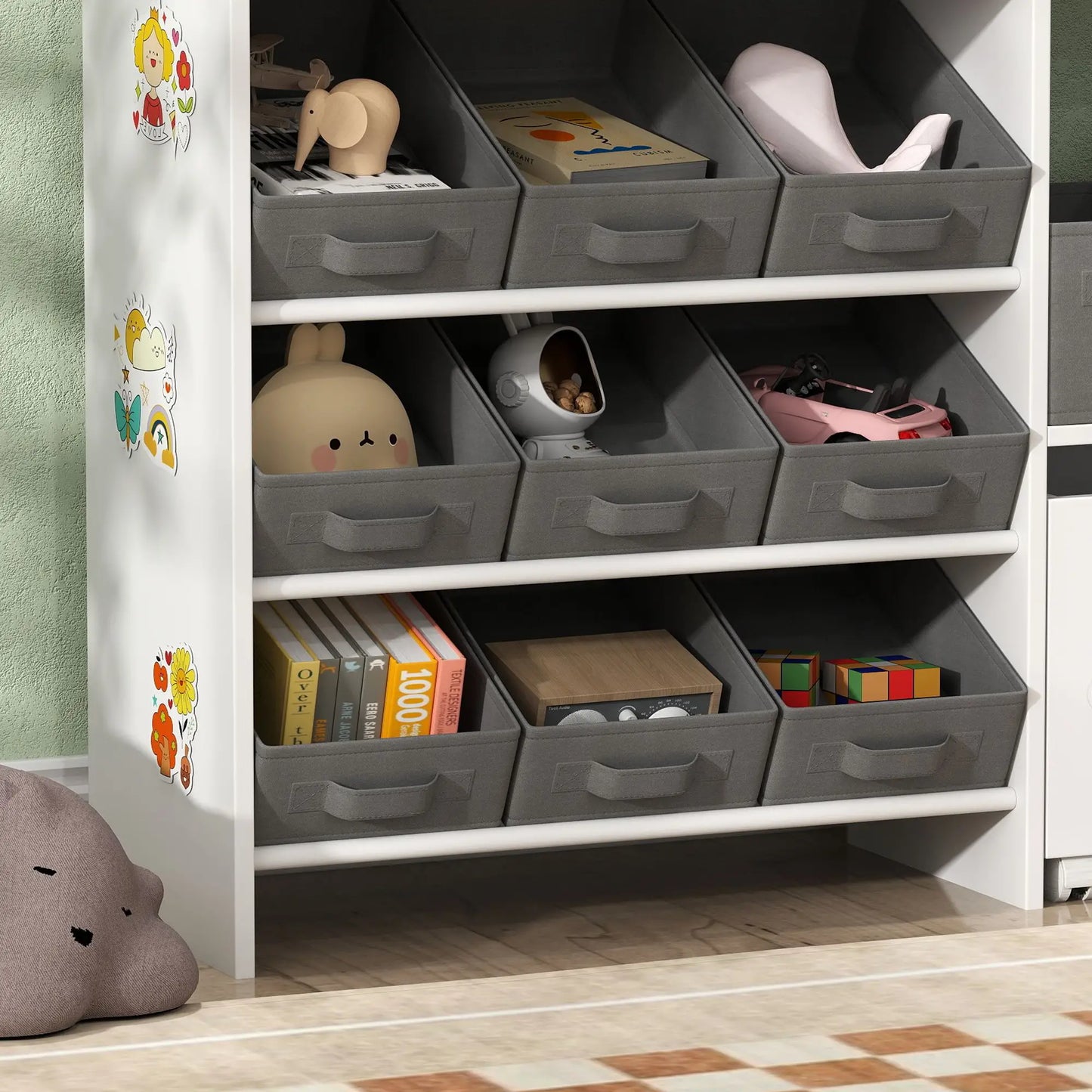 Kids Toy Storage Organizer with 11 Bins, Moveable Cabinet, Top Shelves, 3 Stickers, for Nursery, Playroom, White Bookshelves & Bookcases at Gallery Canada