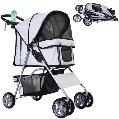4 Wheel Dog Pet Stroller Dog Cat Carrier Folding Sunshade Canopy with Brake, Safety Leash, Cup Holder, Grey Dog Bike Trailers & Strollers Grey at Gallery Canada