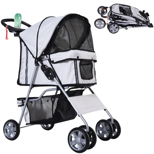 4 Wheel Dog Pet Stroller Dog Cat Carrier Folding Sunshade Canopy with Brake, Safety Leash, Cup Holder, Grey