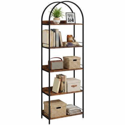 Bibliothèque voûtée de 73.2" de hauteur, 5 niveaux, industrielle, marron rustique