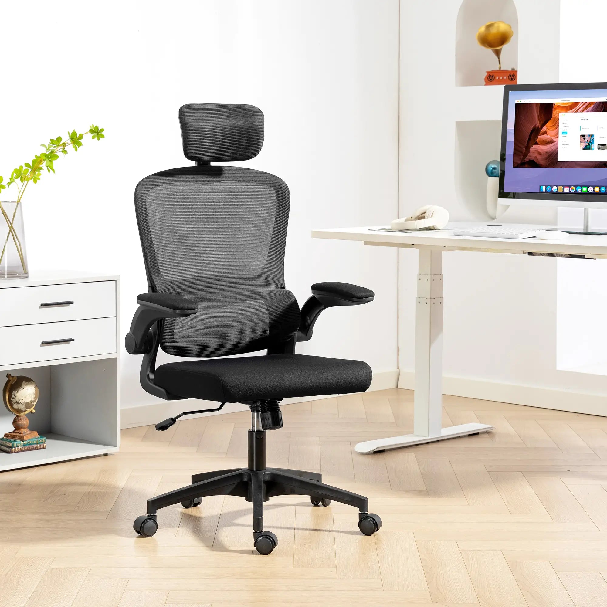 Ergonomic Mesh Office Chair, High Back, Rotatable Headrest, Flip Up Armrests, Lumbar Support, Black Task Chairs at Gallery Canada