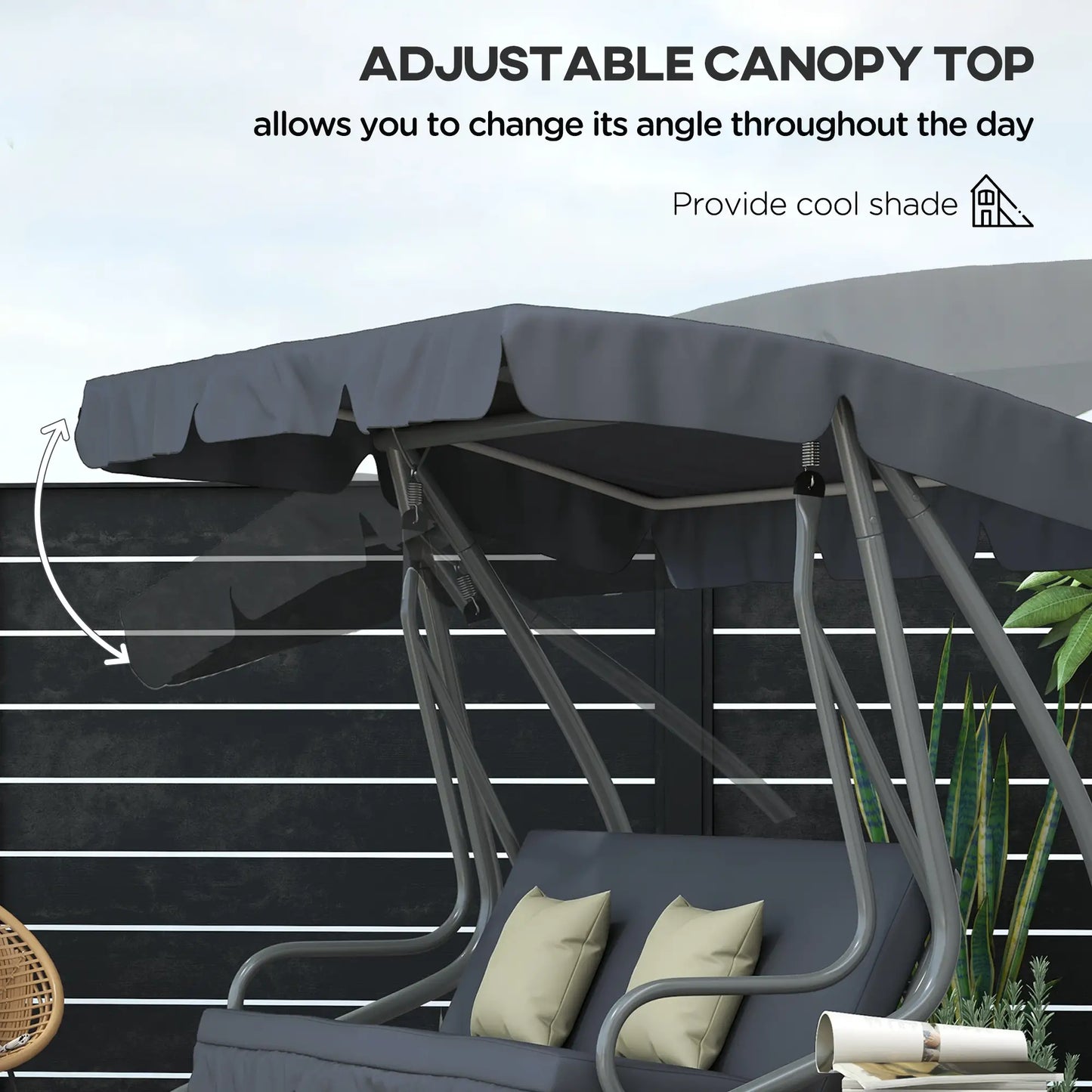 3-Seat Outdoor Swing Canopy Chair, Adjustable Shade, Cushions, Cup Holder, Dark Grey Patio Swings with Stand at Gallery Canada