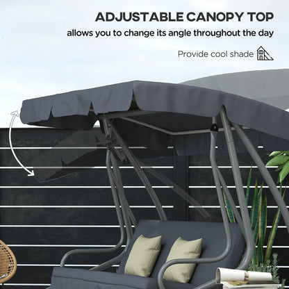 3-Seat Outdoor Swing Canopy Chair, Adjustable Shade, Cushions, Cup Holder, Dark Grey Patio Swings with Stand at Gallery Canada