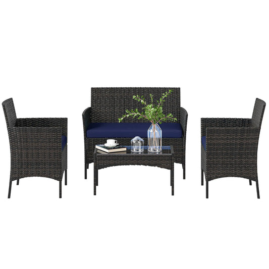 4-Piece Wicker Patio Furniture Set, Glass Coffee Table, Navy Blue Patio Furniture Sets Navy Blue, Black at Gallery Canada