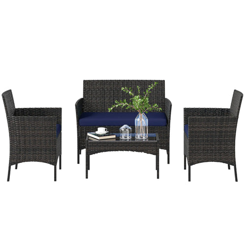 4-Piece Wicker Patio Furniture Set, Glass Coffee Table, Navy Blue