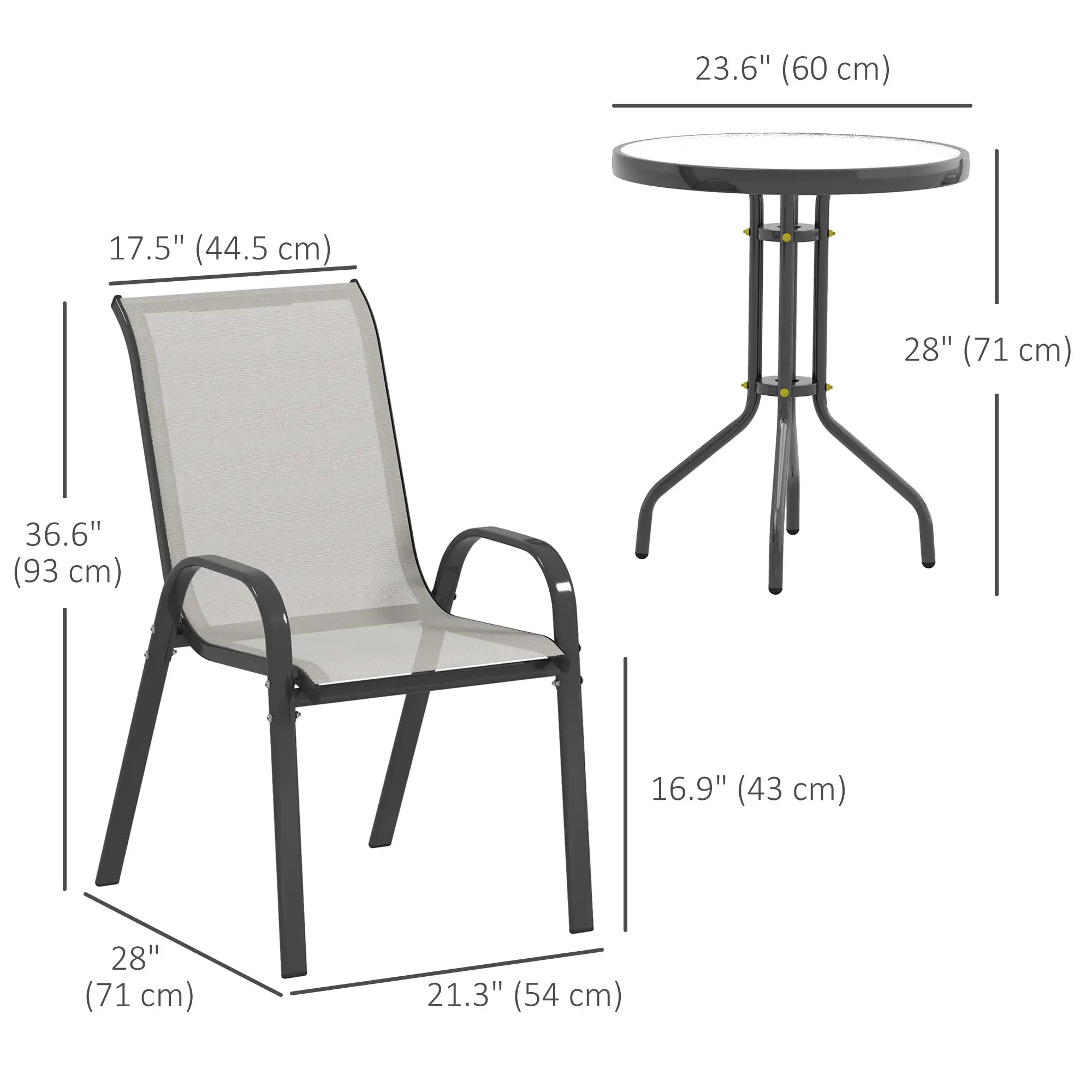 3 Piece Bistro Set, Small Patio Furniture, Stackable Mesh Chairs, Glass Table, Light Grey Bistro Sets at Gallery Canada