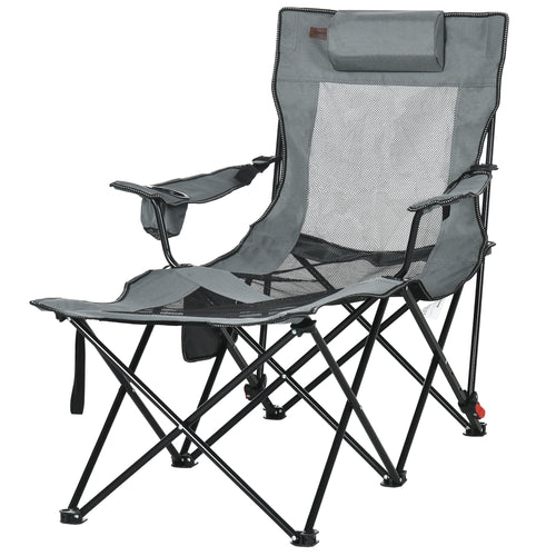 Outdoor Folding Chaise Lounge Chair with Reclining Back, Headrest, Cup Holder, Carry Bag for Patio, Camping, Grey