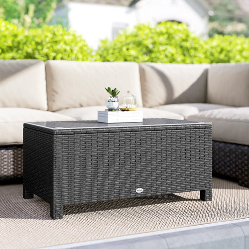 PE Wicker Outdoor Coffee Table, Glass Top, Dark Grey