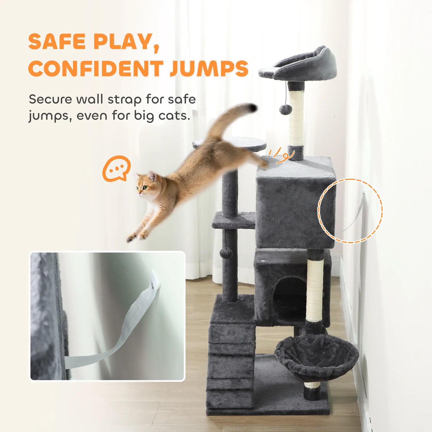 63 Inch Cat Tree, Sisal Scratching Posts, Condos, Plush Perches, Hammock, Ladder, Dangling Balls, Dark Grey Cat Towers at Gallery Canada