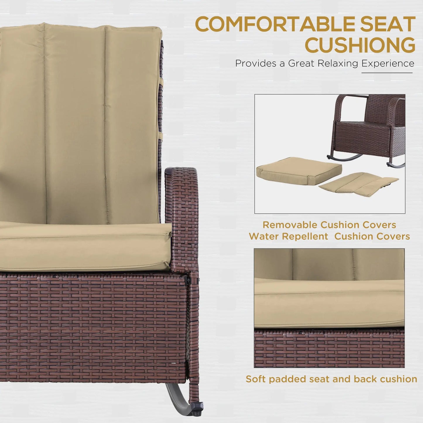 Outdoor Wicker Rocking Chair, PE Rattan Recliner with Cushion, Adjustable Footrest, Khaki Outdoor Rocking Chairs at Gallery Canada