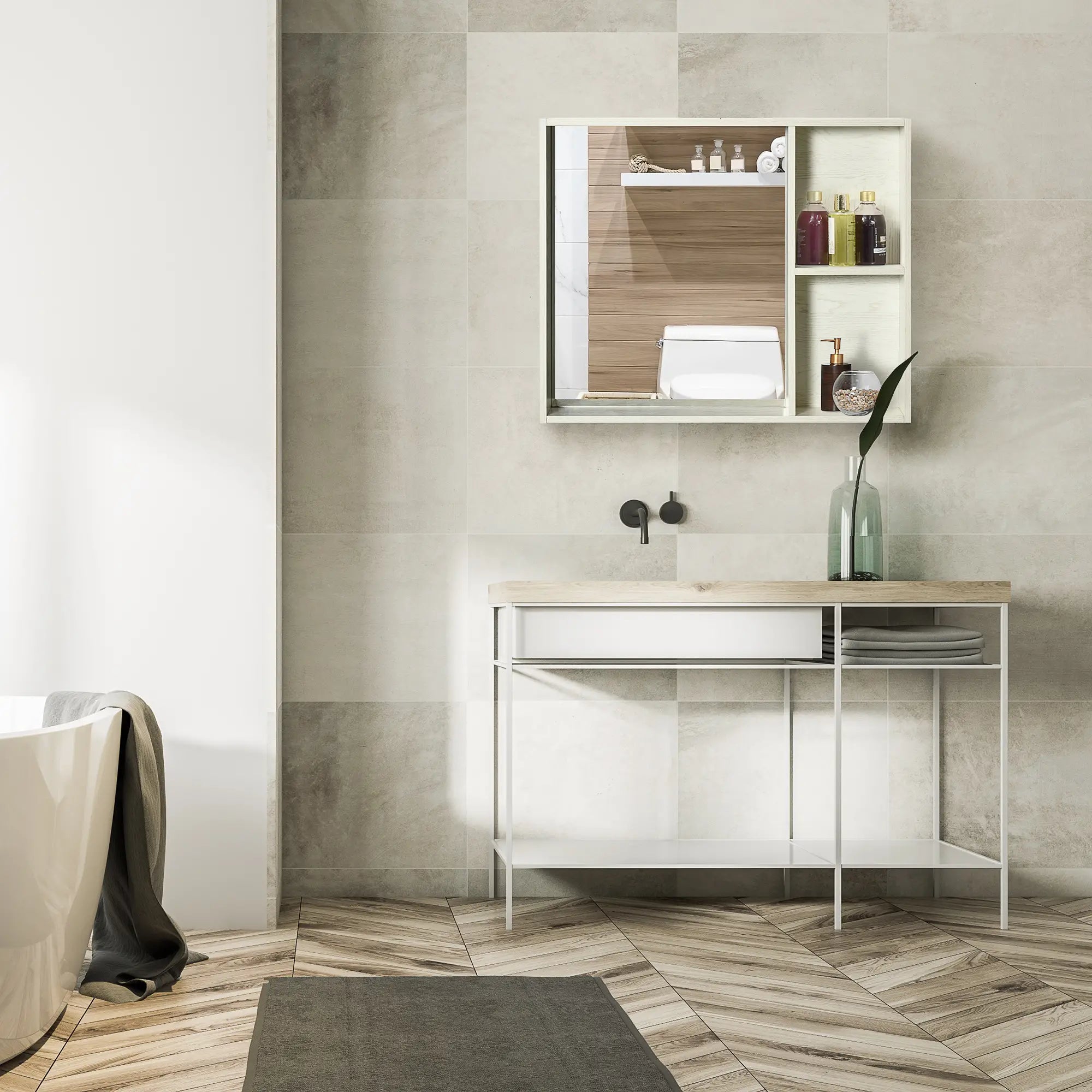 31.5 Inch x 25.5 Inch Medicine Cabinet, Mirror, 2-Tier Shelf, White Mirror Medicine Cabinets at Gallery Canada