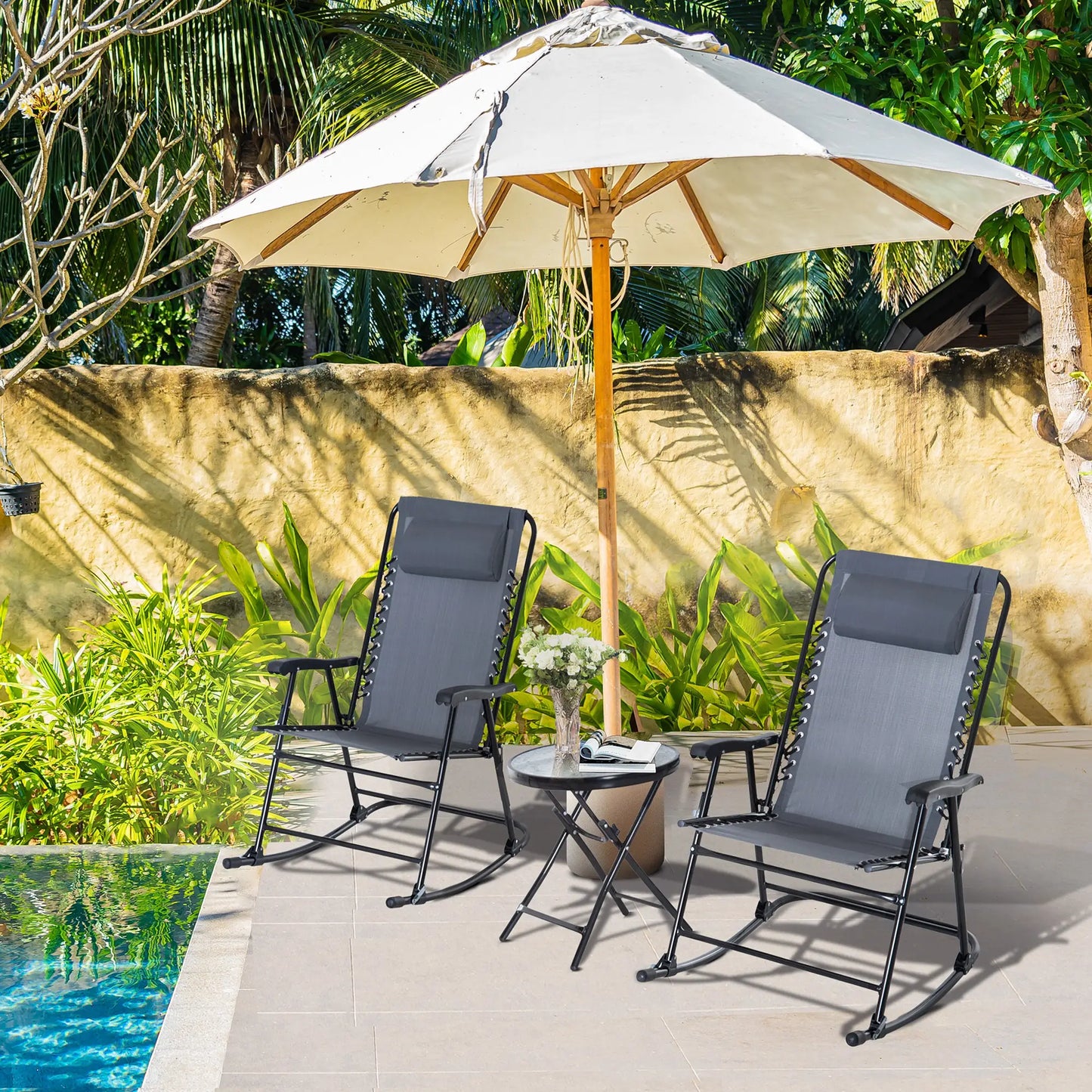 3pc Patio Rocking Chair Set, Folding Outdoor Chairs, Table, Grey Outdoor Rocking Chairs at Gallery Canada