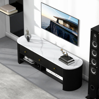 Modern TV Stand, Marble-Effect Top, 3 Drawers, 2 Shelves, 32-65 Inch, Black TV Stands at Gallery Canada