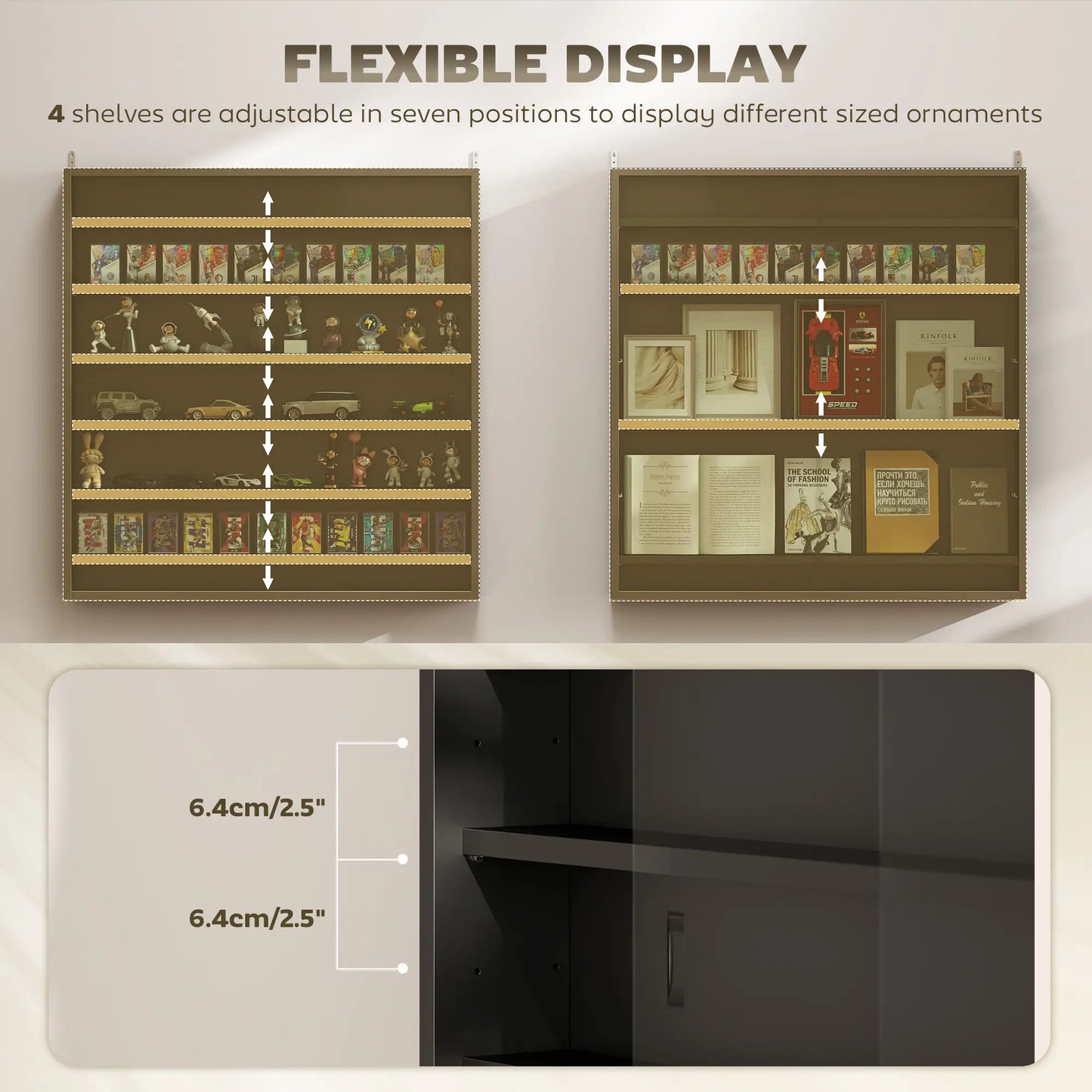 7-Tier Glass Display Cabinet, 2 Doors, 6 Adjustable Shelves, Black Display Bookshelves at Gallery Canada