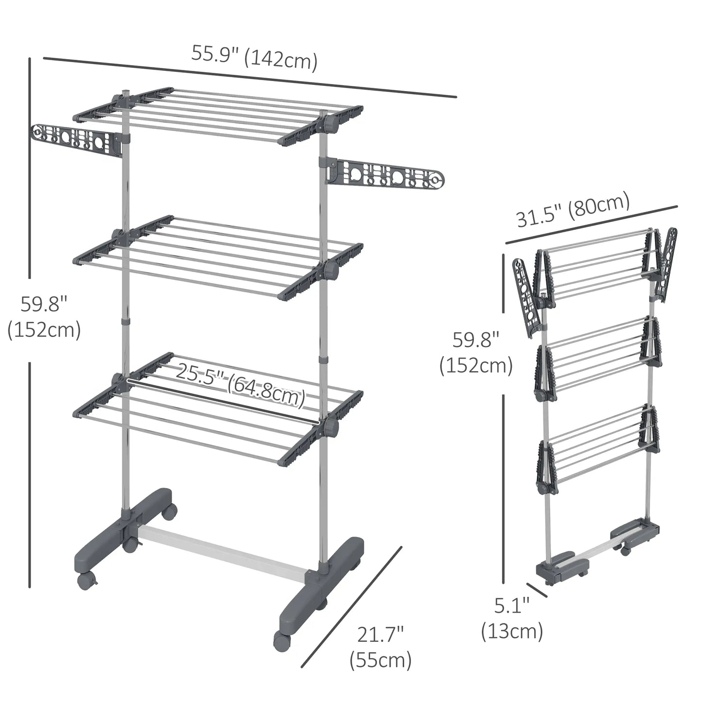 3-Tier Foldable Clothes Drying Rack, Stainless Steel, 6 Castors, Grey Bath Accessories at Gallery Canada