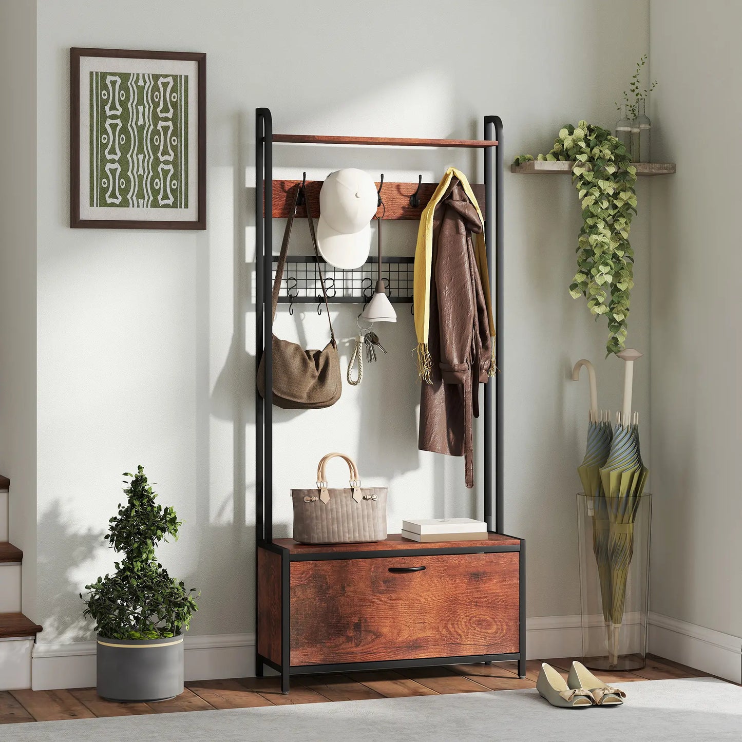 5-In-1 Coat Rack Shoe Bench, Hall Tree with Bench, 10 Hooks, Rustic Brown Clothing Storage at Gallery Canada