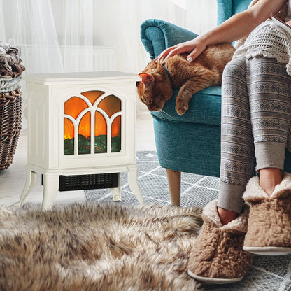 Freestanding Electric Fireplace Heater, Realistic Flame, Beige
