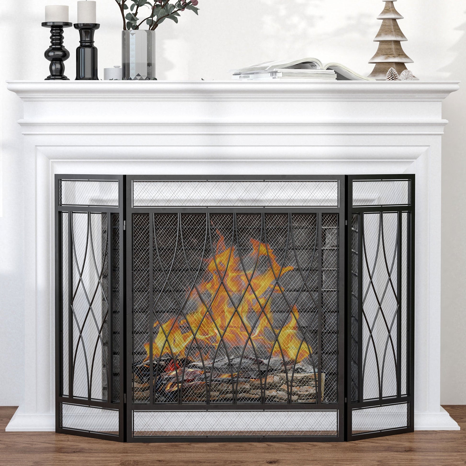 3-Panel Metal Mesh Fireplace Screen, Decorative Fire Spark Guard Cover, 49.5" x 31.5"for Living Room Home Decor, Black at Gallery Canada