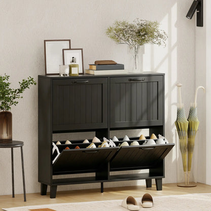 Shoe Cabinet with 4 Flip Drawers, Freestanding Narrow Shoe Storage Cabinet with Adjustable Shelves, Open Back, Black