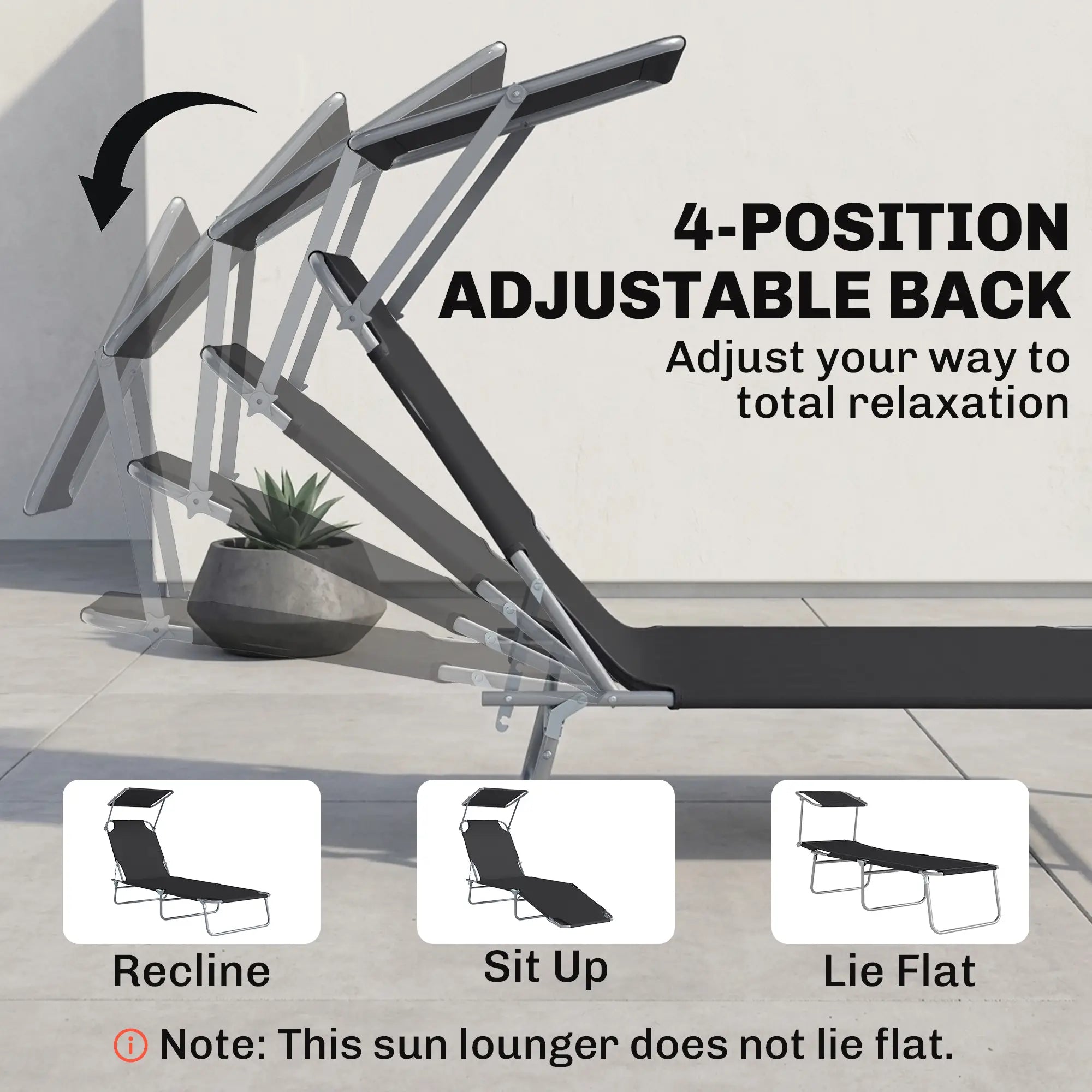 Adjustable Folding Chaise Lounge, Outdoor Tanning Chair with Sun Shade, Black Lounger Chairs at Gallery Canada