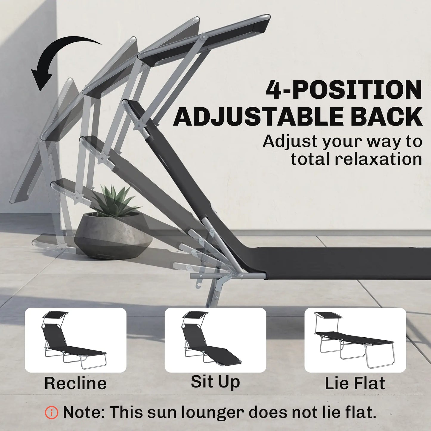 Adjustable Folding Chaise Lounge, Outdoor Tanning Chair with Sun Shade, Black Lounger Chairs at Gallery Canada