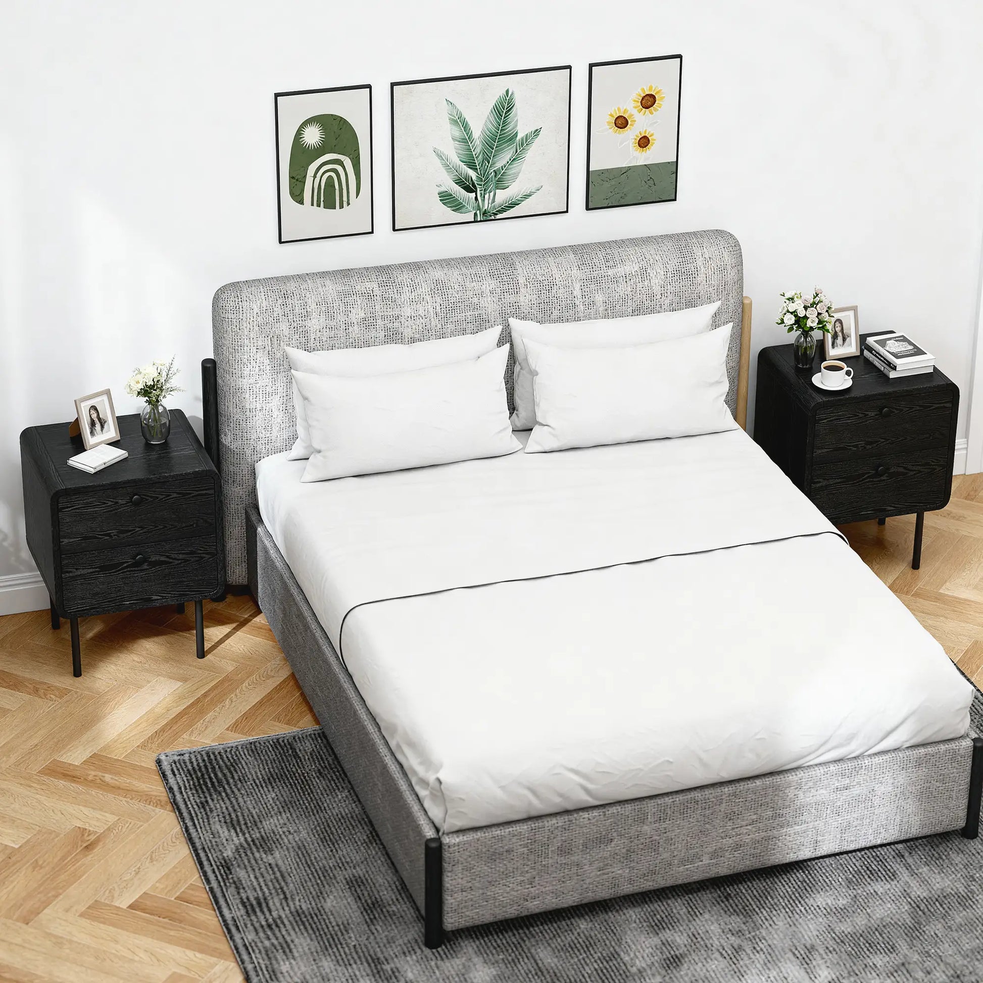 Modern Bedside Tables Set of 2, 2 Drawers, Steel Legs, Black Wood Grain, Black Bedside Tables at Gallery Canada