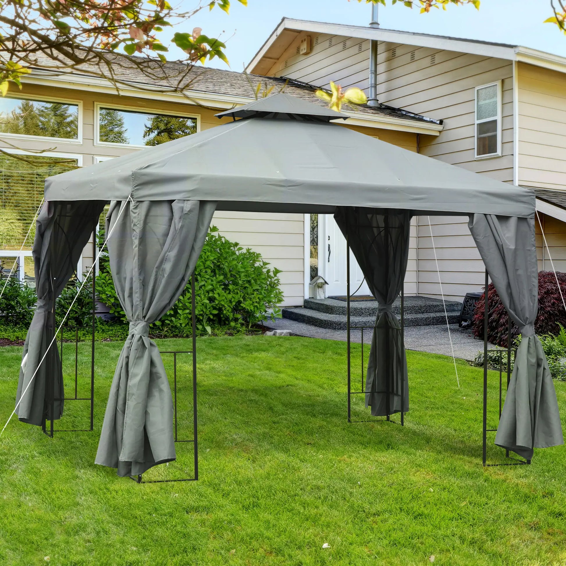 10' x 10' Patio Gazebo, Canopy Shelter with Double-Tier Roof, Dark Grey Gazebos at Gallery Canada