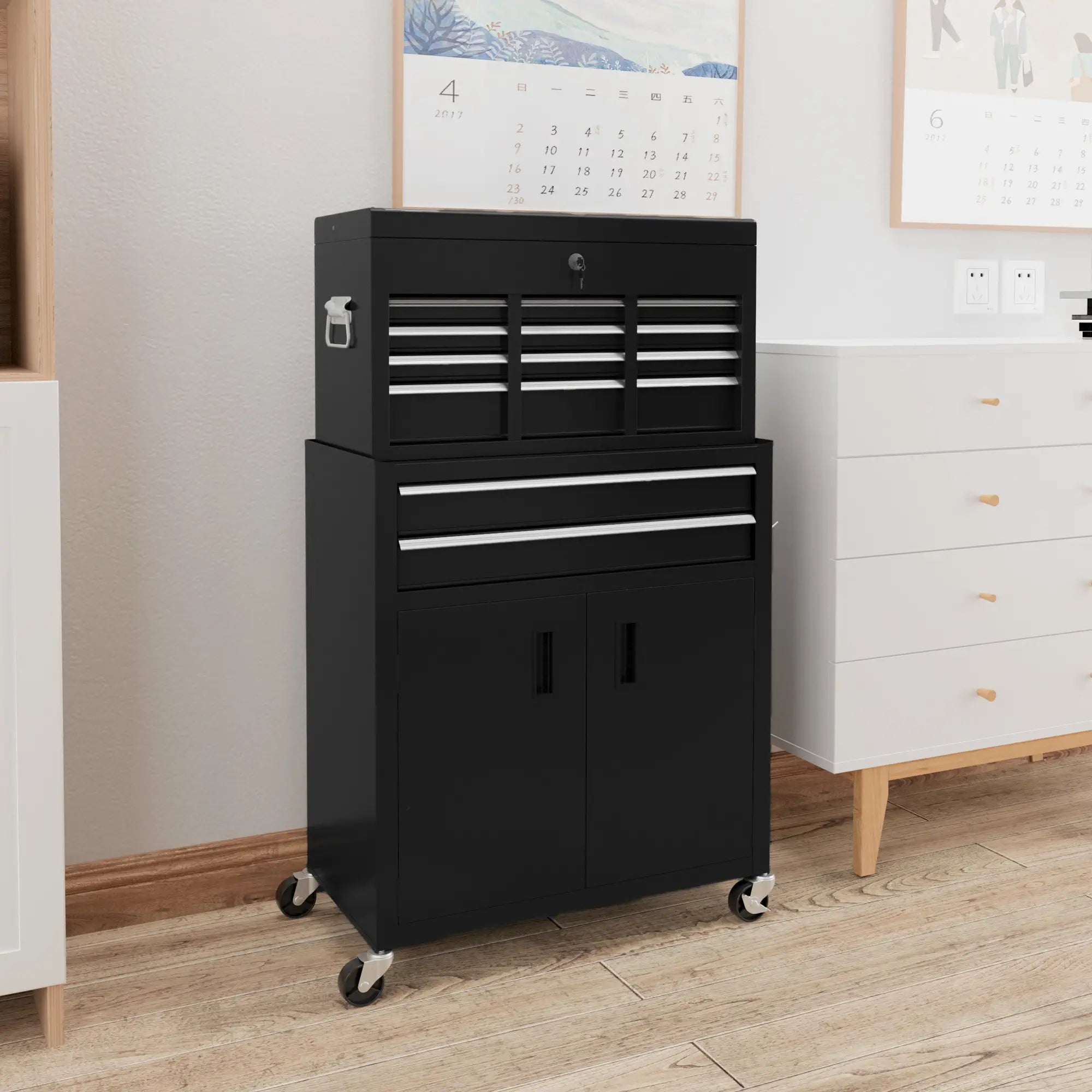 6-Drawer Rolling Tool Chest, Lockable Storage Cabinet with Hooks, Black Tool Organizers at Gallery Canada