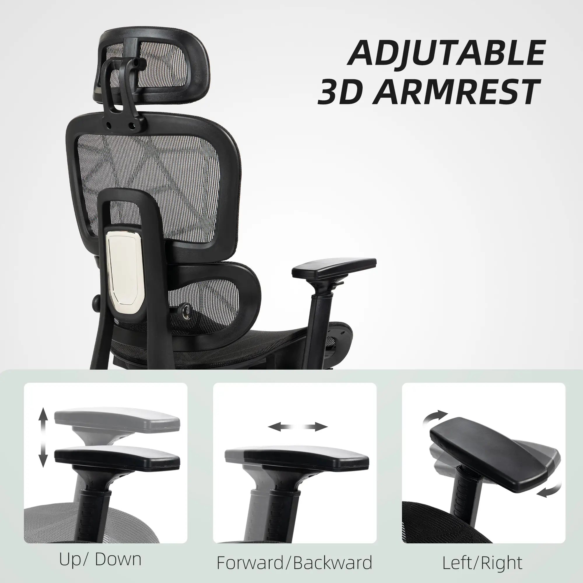 Mesh Office Chair, 3D Armrest, High Back, Lumbar Support, 135° Recline, Adjustable Headrest, Black Executive & Manager Chairs at Gallery Canada