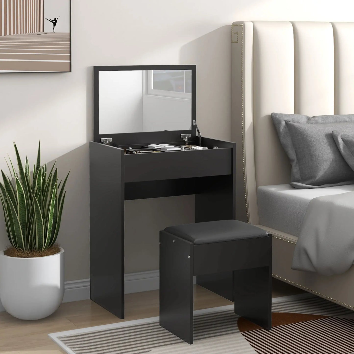 Modern Vanity Set, Makeup Table with Cushioned Stool, Flip Top Mirror, Black Dressing & Vanity Tables at Gallery Canada