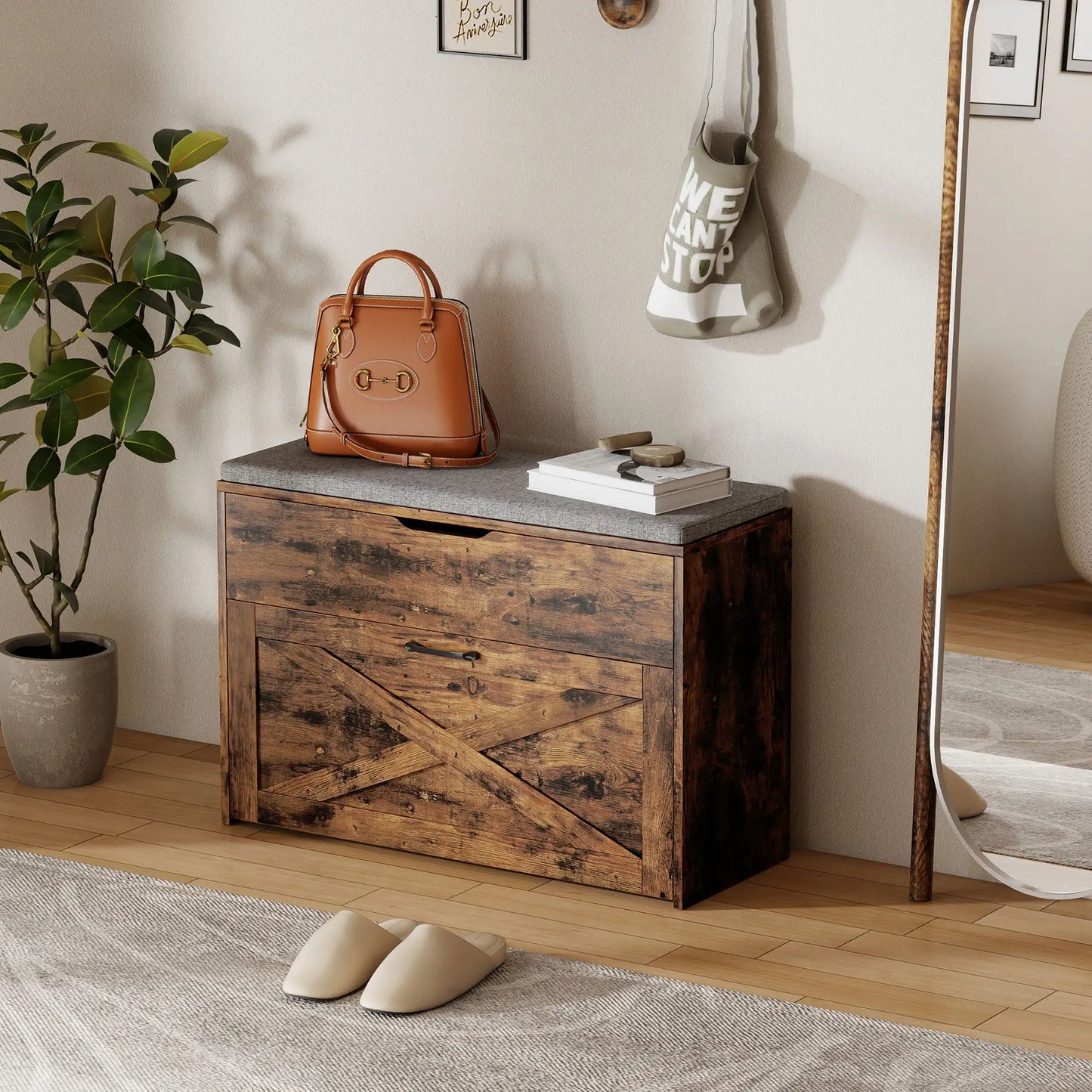 Shoe Storage Bench with Flip Drawer, Lift Top, Seat Cushion, Rustic Brown Shoe Storage Cabinets & Racks at Gallery Canada