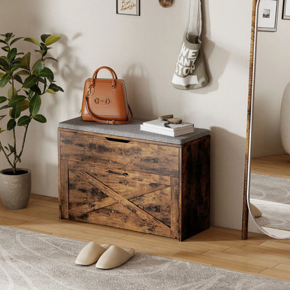 Shoe Storage Bench with Flip Drawer, Lift Top, Seat Cushion, Rustic Brown Shoe Storage Cabinets & Racks at Gallery Canada