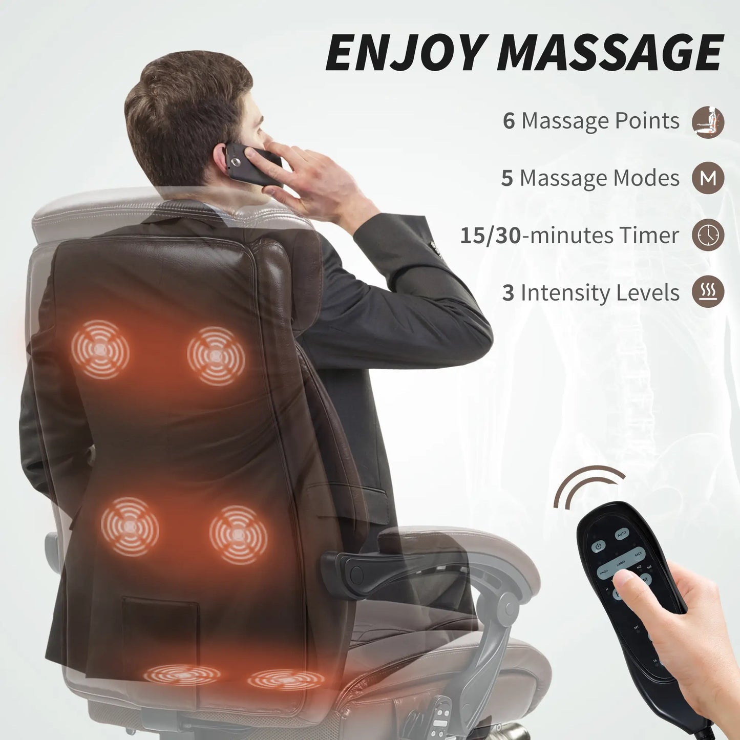 6 Point Massage Office Chair with Remote, Ergonomic Reclining Computer Desk Chair with Footrest, Side Pocket, Dark Brown Massage Chairs at Gallery Canada