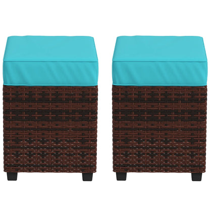 2 Pcs Square PE Rattan Ottoman Set, Outdoor Footrest with Removable Cushion, Sky Blue Patio Furniture Sets Brown Rattan, Sky Blue Fabric at Gallery Canada