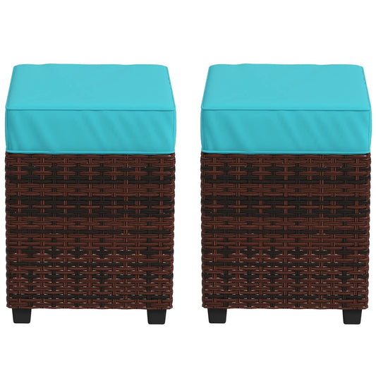 2 Pcs Square PE Rattan Ottoman Set, Outdoor Footrest with Removable Cushion, Sky Blue Patio Furniture Sets Brown Rattan, Sky Blue Fabric at Gallery Canada