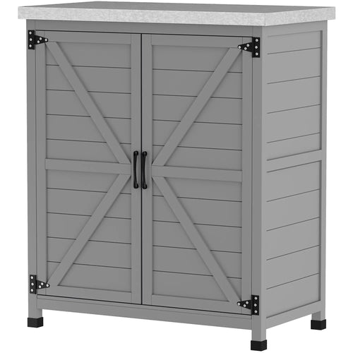 Outdoor Garden Storage Cabinet, Potting Bench with Metal Tabletop, Shelf, Grey