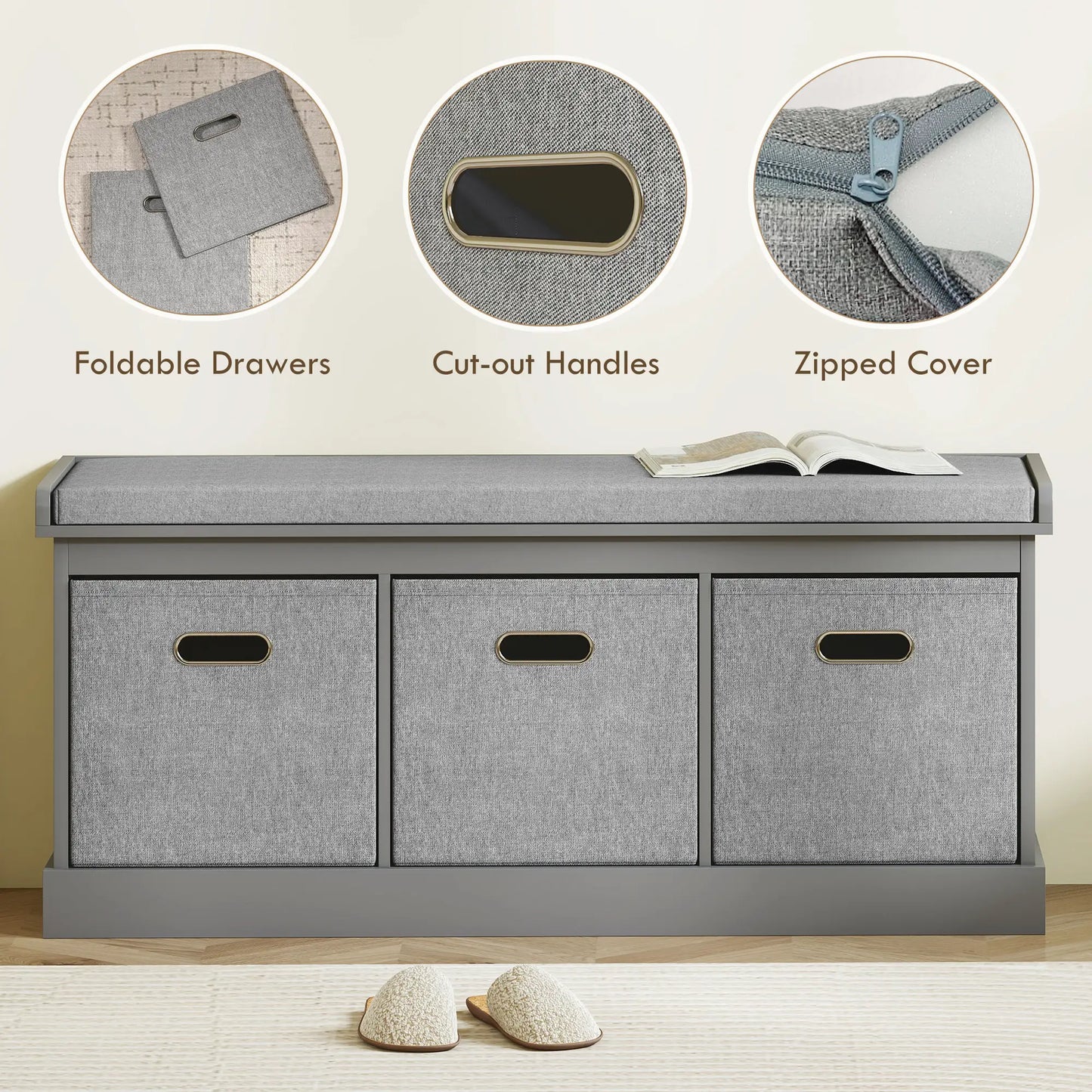 Shoe Storage Bench with Seat, 3 Fabric Drawers, Grey