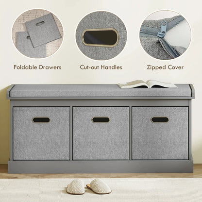 Shoe Storage Bench with Seat, 3 Fabric Drawers, Grey