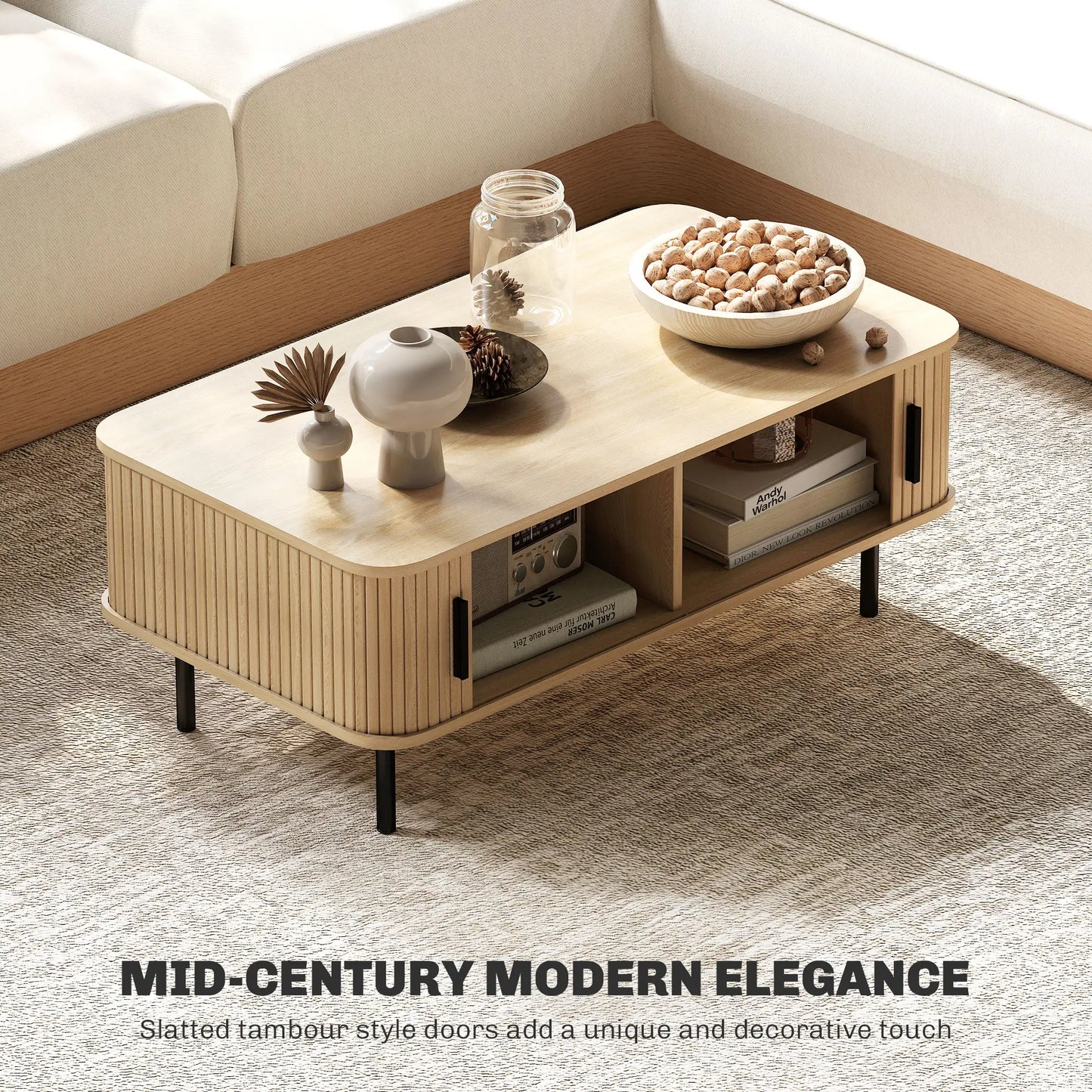 Coffee Table with Storage, Nordic Side Table, Slatted Tambour Doors, Steel Legs, Oak Coffee Tables at Gallery Canada