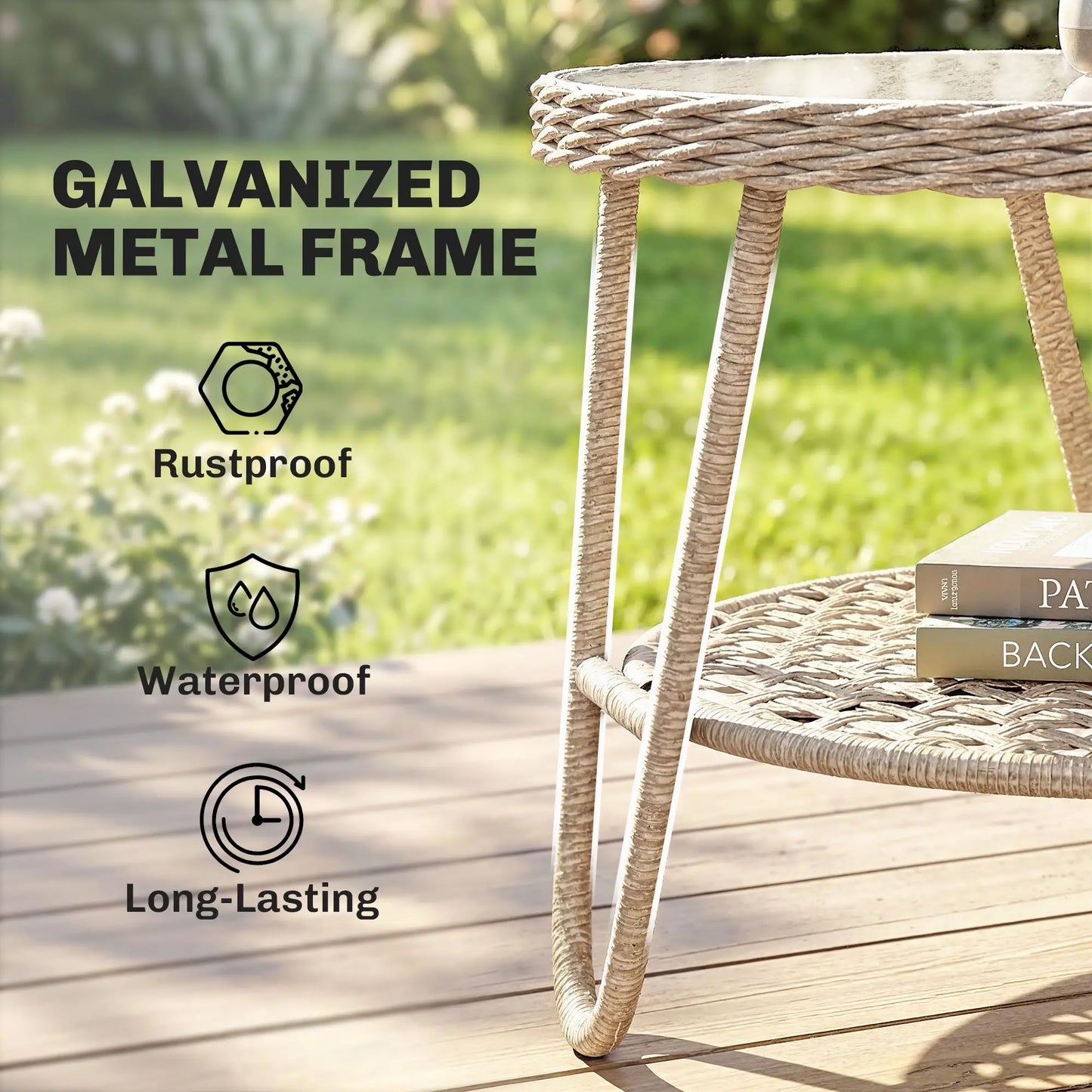 Rattan Outdoor Coffee Table, 2-Tier Small Garden Side Table, Tempered Glass Top Patio Side Tables at Gallery Canada