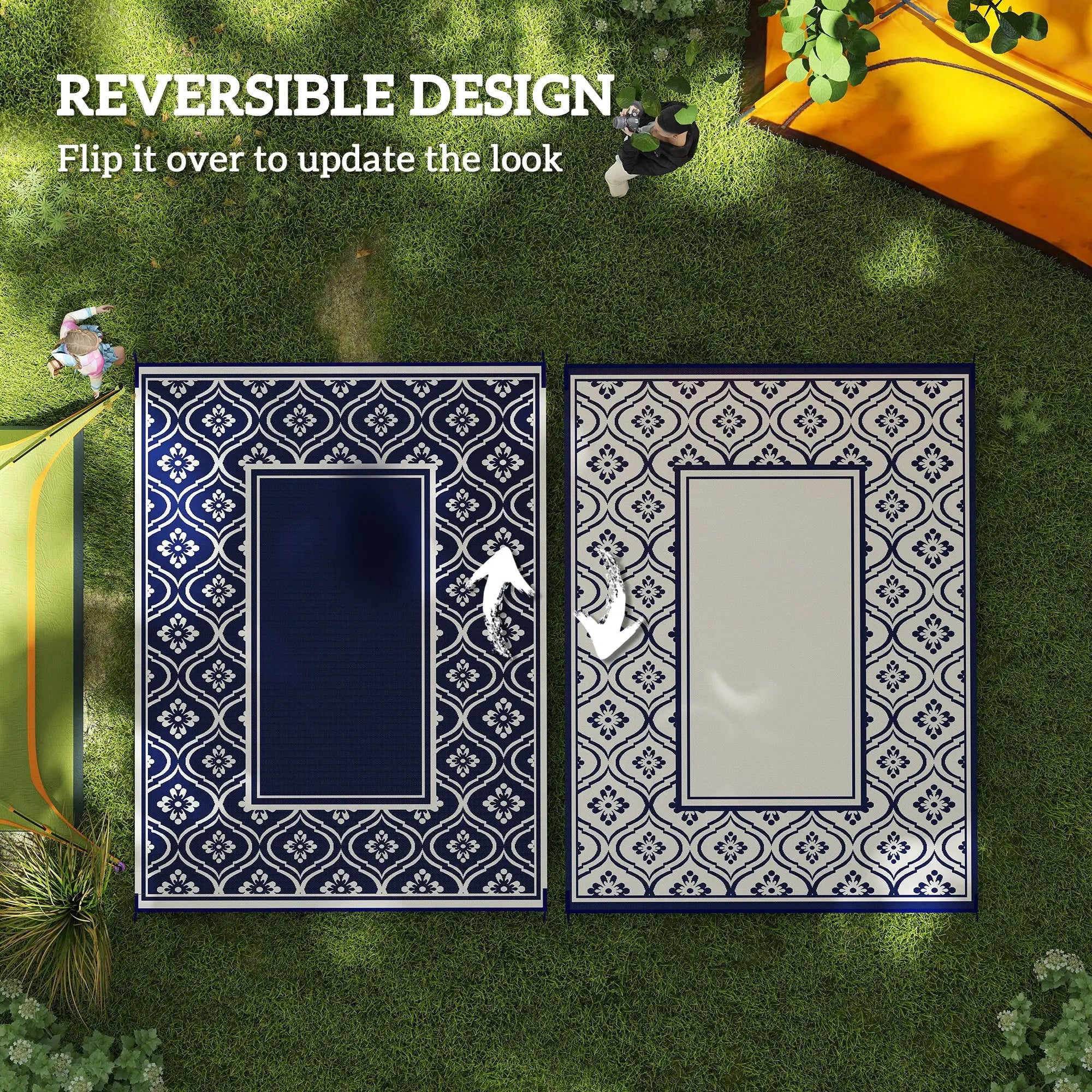 9' x 12' Outdoor RV Rug, Reversible, Gourd Border, Blue White, Blue Garden Decor at Gallery Canada