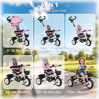 6 in 1 Toddler Tricycle, Parent Push Handle, Canopy, Storage Baskets, Pink Tricycles for Kids at Gallery Canada