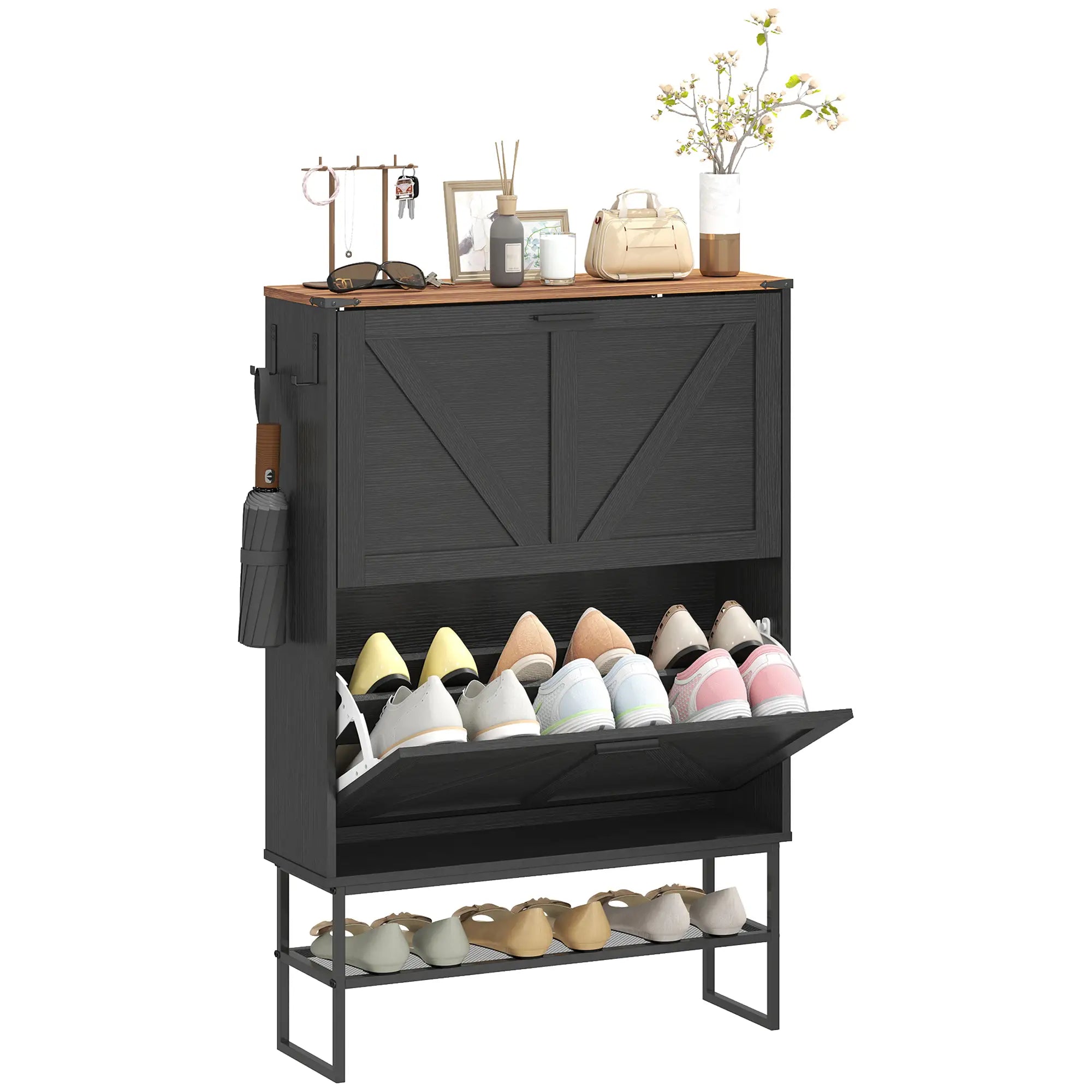 Narrow Shoe Storage Cabinet with 2 Flip Drawers, Black Shoe Storage Cabinets & Racks Black Wood Grain, Brown at Gallery Canada
