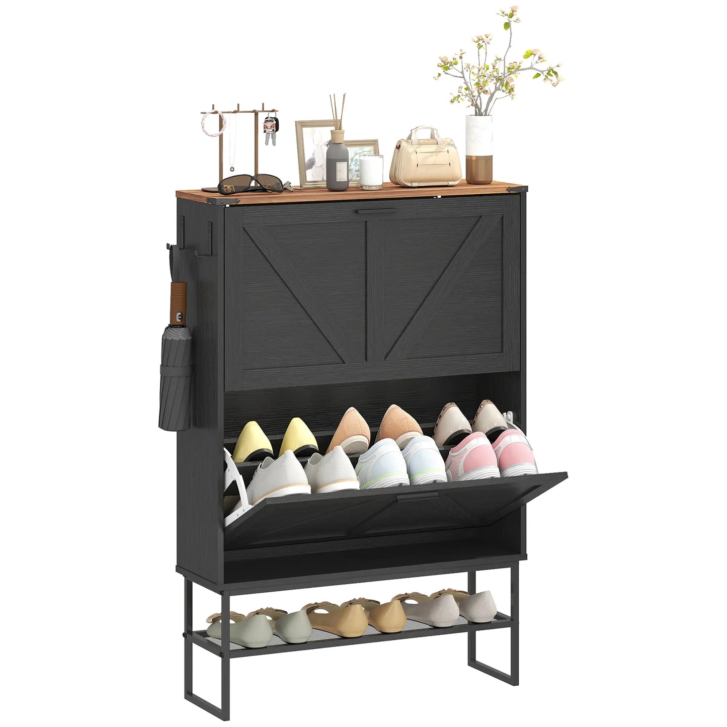 Narrow Shoe Storage Cabinet with 2 Flip Drawers, Black Shoe Storage Cabinets & Racks Black Wood Grain, Brown at Gallery Canada